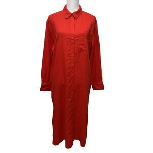 The Drop Fiona Relaxed 100% Linen Midi Shirt Dress Size L Flame Red Beachy NWT